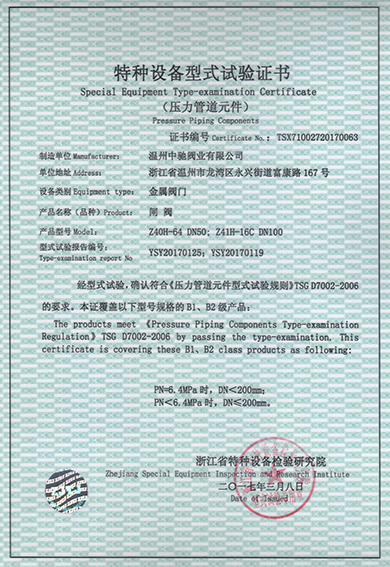 Type Test Certificate of Gate Valve