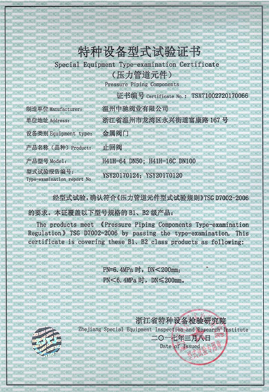 Type Test Certificate of Check Valve